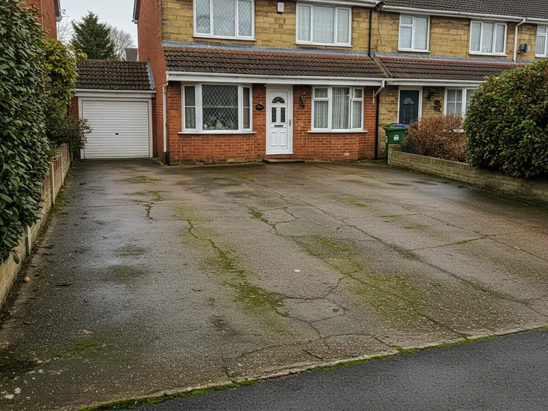 Dirty tarmac driveway with moss and algae